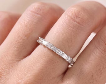Unique Half Eternity Baguette & Round Moissanite Wedding Band Dainty Minimalist White Gold Stackable Promise Ring Anniversary Gift For Her