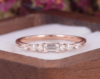 Dainty Baguette & Pear Cut Moissanite Wedding Band Minimalist Half Eternity Rose Gold Stackable Promise Ring Unique Anniversary Gift For Her