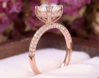 Vintage Hidden Halo Moissanite Engagement Ring Cathedral Rose Gold Solitaire Bridal Ring Unique Half Eternity Pave Promise Ring Gift For Her
