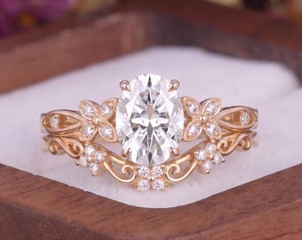 Unique Oval Cut Moissanite Floral Engagement Ring Set Nature Inspired Solid Gold Filigree Scroll Ring Set Dainty Cluster Ring Gifts For Her