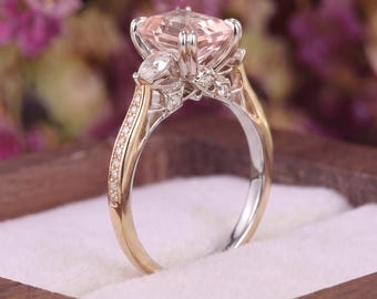 Unique Emerald Cut Pink Moissanite Engagement Ring Cathedral Two Tone Gold Three Stone Wedding Ring Dainty Pave Promise Ring Gift For Her