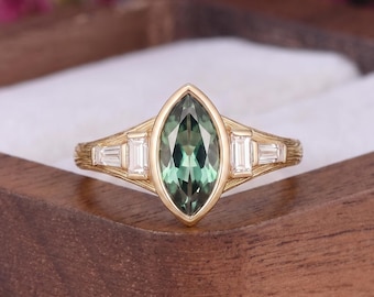 Vintage Marquise Teal Green Sapphire Engagement Ring Set Unique Yellow Gold Bezel Baguette Side Stone Wedding band Anniversary Gift For Her