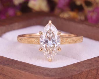 Unique Marquise Cut Moissanite Solitaire Engagement Ring Yellow Gold Nature Inspired Floral Engraved Wedding Band Bridal Promise Ring