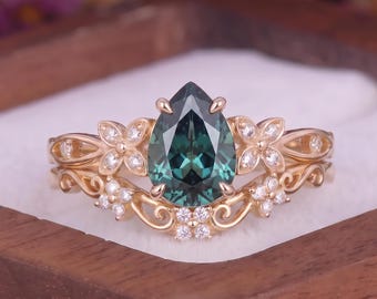 Vintage Pear Teal Sapphire Engagement Ring Set Yellow Gold Floral Scroll Bridal Ring Set Dainty Cluster Curved Wedding Band Gift For Her