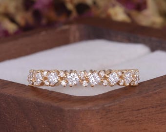 Vintage Princess Moissanite Ring Unique Rose Gold  Square Round Stone Wedding Band Art Deco Half Eternity Stackable Anniversary Gift for Her