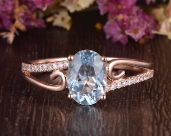 Unique Oval Cut Aquamarine Engagement Ring Vintage Solitaire Rose Gold Split Twist Bridal Ring Delicate Half Eternity Cluster Promise Rings