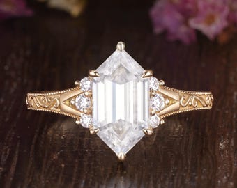 Vintage Engraved Moissanite Engagement Ring Hexagon Cluster Yellow Gold Bridal Ring Art Deco Hand Carved Milgrain Scrollwork Promise Rings