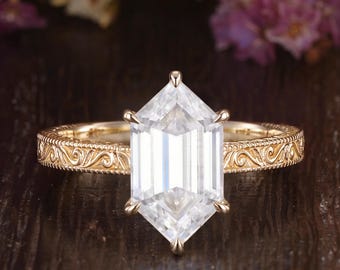Vintage Hexagon Cut  Moissanite Engagement Ring Victorian Engraved Scroll Milgrain Solid Gold Bridal Ring Delicate Hidden Halo Promise Rings
