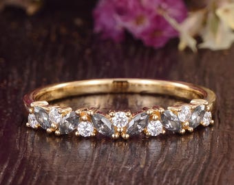 Marquise Salt And Pepper Diamond Wedding Ring Vintage Solid Gold Cluster Moissanite Ring Dainty Stackable Matching Promise Ring Gift For Her