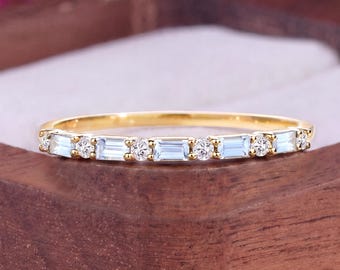 Vintage Moissanite Baguette Aquamarine Wedding Band Dainty Yellow Gold Cluster Stacking Ring Half Eternity Unique Promise Ring Gift For Her