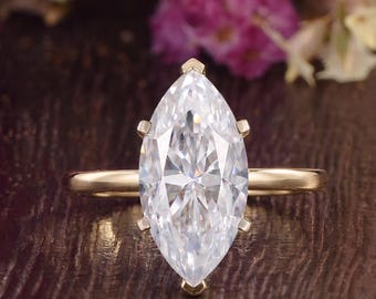 Art Deco Marquise Moissanite Engagement Ring Delicate Solitaire Solid Gold Lab Diamond Ring Minimalist Vintage Promise Ring Anniversary Gift