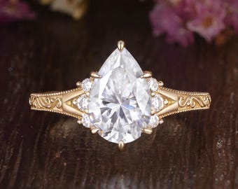 Unique Engraved Pear Moissanite Engagement Ring Art Deco Milgrain Solid Gold Wedding Ring Vintage Dainty Cluster Promise Ring Gifts For Her