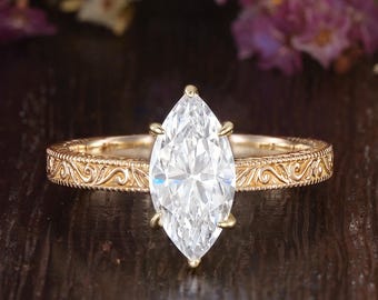 Art Deco Engraved Marquise Moissanite Engagement Ring Victorian Hidden Halo Solid Gold Milgrain Wedding Ring Hand Carved Custom Promise Ring