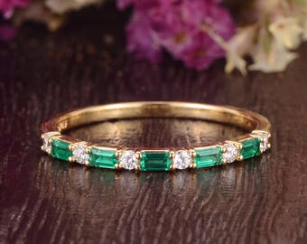 Unique Moissanite Baguette Emerald Wedding Band Vintage Yellow Gold Cluster Stacking Ring Delicate Half Eternity Promise Ring Gift For Her