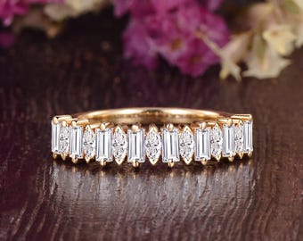 Vintage Marquise Baguette Moissanite Wedding Band Unique Yellow Gold Cluster Stacking Ring Dainty Half Eternity Anniversary Gifts For Her