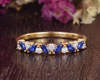 Art Deco Marquise Blue Sapphire Wedding Band Vintage Solid Gold Cluster Moissanite Ring Dainty Stackable Matching Birthstone Promise Ring