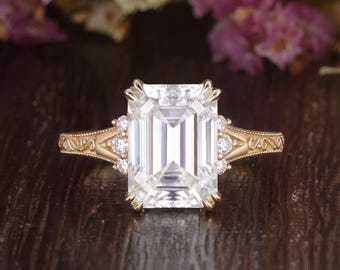Vintage Emerald Cut Moissanite Engagement Ring Unique engraved Yellow Gold Moissanite Ring Art Deco Milgrain Scrollwork Promise Ring Gifts