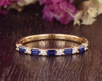 Vintage Baguette Cut Blue Sapphire Wedding Band Delicate Moissanite Yellow Gold Cluster Stacking Ring Half Eternity Birthstone Promise Ring