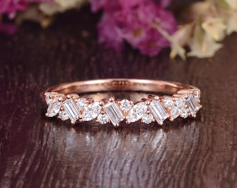 Vintage Moissanite Wedding Band Art Deco Marquise Baguette Solid Gold Cluster Ring Delicate Half Eternity Stackable Matching Promise Ring