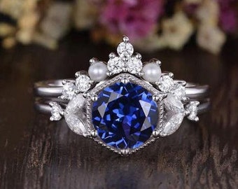 Vintage Style Ssaphihre Engagaement Rings WHite Golsd Lab Sapphire Hexagon Halo Ring Pearl Wedding Band Women Moissanite Ring Diamond Ring