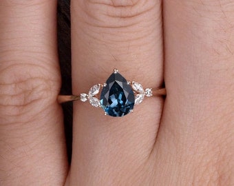 Antique London Blue Topaz Engagement Ring Rose Gold Unique Cluster Engagement Ring Marquise Moissanite Diamond Ring Birthstone Flower Rin