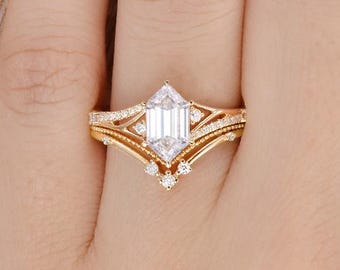Long Hexagon Moissanite Bridal Ring Set Unique Diamond Engagement Ring Milgrain Double Chevron Wedding Band Women Vintage Anniversary Gift