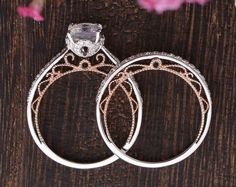 Vintage Moonstone Engagement Ring Set Solitaire Ring Milgrain Beaded Set mixed Metal Ring Emerald Cut Ring Petal Basket Bridal Ring Set 2pcs