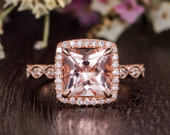 Unique Art Deco Ring Morganite Rose Gold Antique Women Bridal Princess Cut Engagement Ring Diamond Anniversary Halo Half Eternity Retro Ring