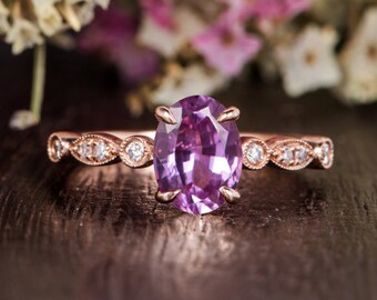Art Deco Engagement Ring Rose Gold Pink Sapphire 6*8mm Sapphire Ring Oval Cut Pink Sapphire Ring Antique Women Antique Promise Anniversary