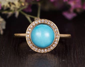 Antique Turquoise Engagement Ring Yellow Gold Unique Halo Diamond Bridal Anniversary Women Retro Plain Band Antique Promise Gift For Her