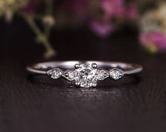 Diamond Engagement Ring Art Deco White Gold Ring Stacking Mini Thin plain Solitaire Bridal Anniversary Gift Promise Women Ring Unique