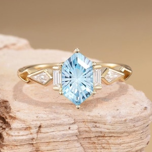Unique Firework Cut Aquamarine Engagement Ring Vintage Baguette Moissanite Promise Ring Diamond Long Hexagon Ring Art Deco Anniversary Gift