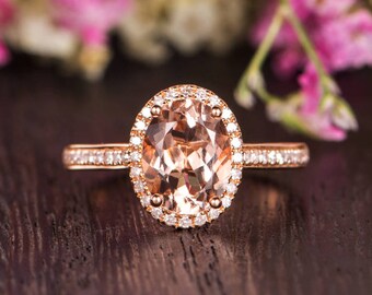 Oval Cut Morganite Engagement Ring Wedding Ring Antique Rose Gold Diamond Halo Women Anniversary Promise Gift Bridal Custom Retro Engraving