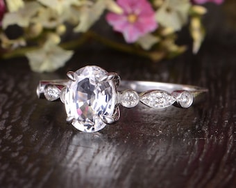 White Sapphire Engagement Ring Art Deco Engagement Ring White Gold Ring Oval Cut White Sapphire Solitaire Antique Retro Anniversary Women