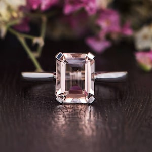 2ct Emerald Cut Morganite Engagement Ring Solitaire White Gold Ring Unique Prongs Plain Band Woman Custom Promise Bridal Gift for Her
