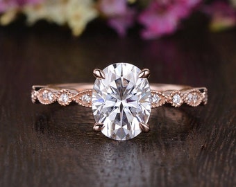 Art Deco Moissanite Ring Rose Gold Engagement Ring Diamond Retro Solitaire Oval Cut Woman Antique Bridal Promise Ring Anniversary Gift Ring
