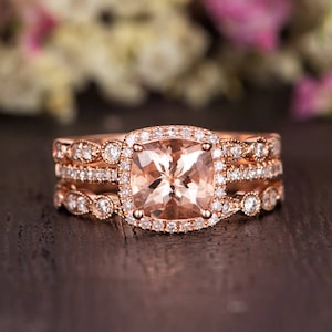 Cushion Cut Morganite Ring Set Rose Gold Engagement Ring Moissanite Women Art Deco Wedding Band Eternity Halo Antique Anniversary Gift 3pcs