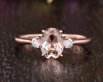 Oval Morganite Engagement Ring Three Stones Ring Minimalist Ring Morgaite Ring Antique Rose Gold Cluster Ring Wedding Solitaire Enhancer