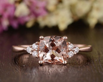 Cushion Cut Morganite Ring Rose Gold Engagement Ring Antique Diamond Retro Anniversary Promise Gift Women Wedding Unique Morganite Ring