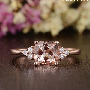 Cushion Cut Morganite Ring Rose Gold Engagement Ring Antique Diamond Retro Anniversary Promise Gift Women Wedding Unique Morganite Ring