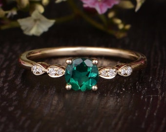 Antique Engagement Ring Gold Solitaire Lab Emerald Mini May Birthstone Ring Diamond Ring Women Promise Bridal Minimalist Anniversary