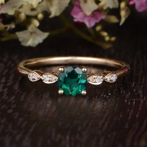 Antique Engagement Ring Gold Solitaire Lab Emerald Mini May Birthstone Ring Diamond Ring Women Promise Bridal Minimalist Anniversary