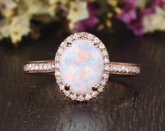 Lab Opal Engagement Ring Rose Gold Engagement Ring Cabochon Opal White Opal Ring Cathedral Stacking Ring Clow Prongs Edge Band Birthstone