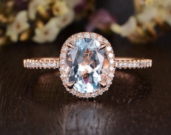 Aquamarine Engagement Ring Rose Gold Wedding Ring March Birthstone Oval Cut Aquamarine Ring Diamond Antique Anniversary Women Wedding Custom