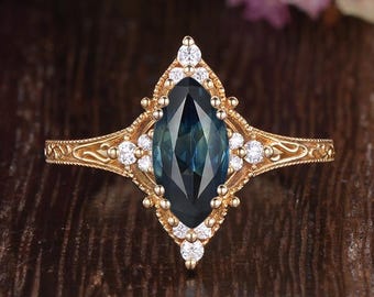 Art Deco Marquise Teal Sapphire Engagement Ring Vintage Scroll Engraved Solid Gold Cluster Moissanite Ring Natural Inspired Milgrain Rings