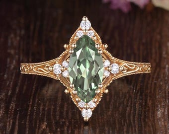 Art Deco Marquise Green Sapphire Engagement Ring Dainty Filigree Scroll Solid Gold Cluster Moissanite Ring  Antique Handmade Milgrain Rings