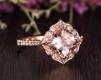 Morganite Engagement Ring Rose Gold Flower Antique Cushion Cut Morganite Diamond Halo Retro Anniversary Promise Gift Women Bridal Wedding