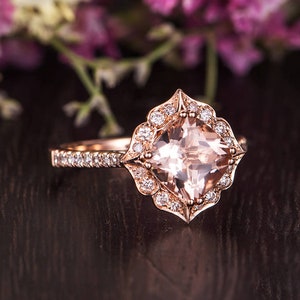 Morganite Engagement Ring Rose Gold Flower Antique Cushion Cut Morganite Diamond Halo Retro Anniversary Promise Gift Women Bridal Wedding image 1