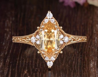 Vintage Engraved Dutch Marquise Champagne Moissanite Engagement Ring Art Deco Milgrain Yellow Gold Cluster Promise Ring Anniversary Gifts