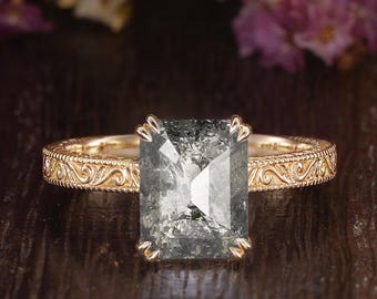 Salt And Pepper Diamond Engagement Ring Vintage Victorian Engraved Emerald Cut Yellow Gold Ring Vine Leaf Milgrain Promise Anniversary Rings